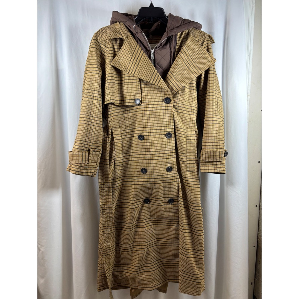 Avec Les Filles Plaid Trench Coat with Detachable Hooded Liner Tan Brown XL